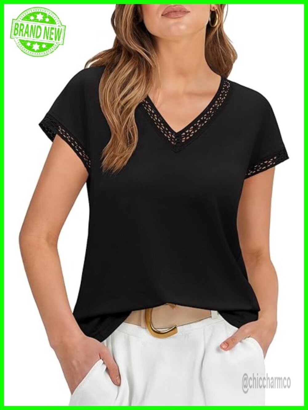 Lace V-Neck Cap Sleeve Blouse Soft Stretch Summer Top